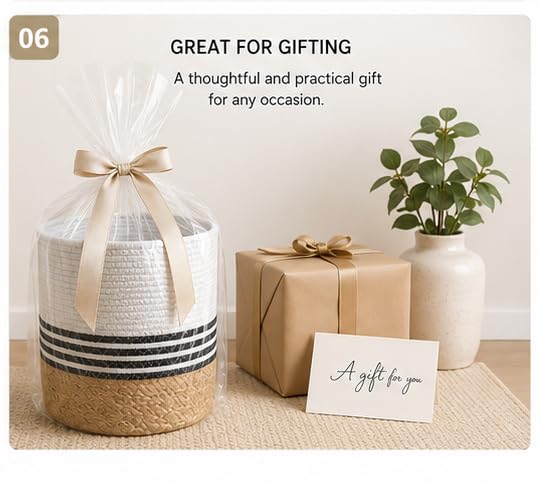 BOHOHOME Round Cotton Rope Storage Basket with Handles | Jute Base Decorative Organizer Basket for Gift Hampers, Nursery, Laundry, Shelf & Toys | 7 x 9 Inch