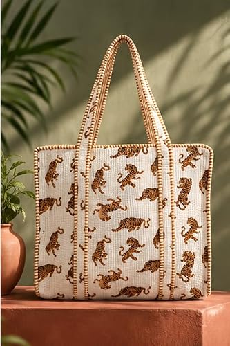 BohoHome Premium Quilted Cotton Tote Bag – Large Capacity Handmade Exotic Tropical Prints Foldable and Ideal for Travel Shopping Beach Trips or Daily Essentials