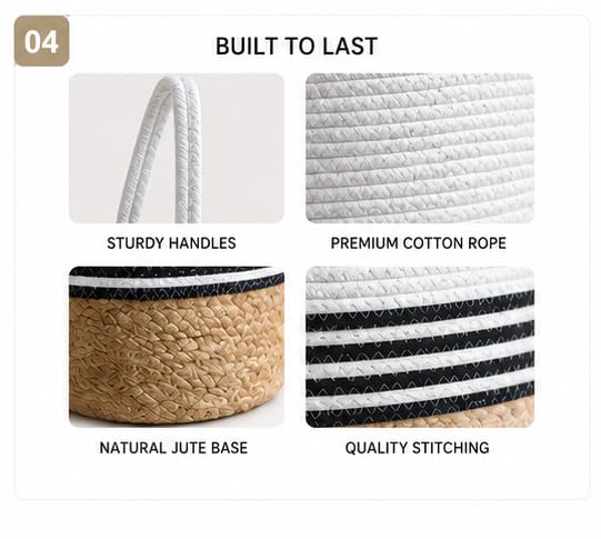 BOHOHOME Round Cotton Rope Storage Basket with Handles | Jute Base Decorative Organizer Basket for Gift Hampers, Nursery, Laundry, Shelf & Toys | 7 x 9 Inch
