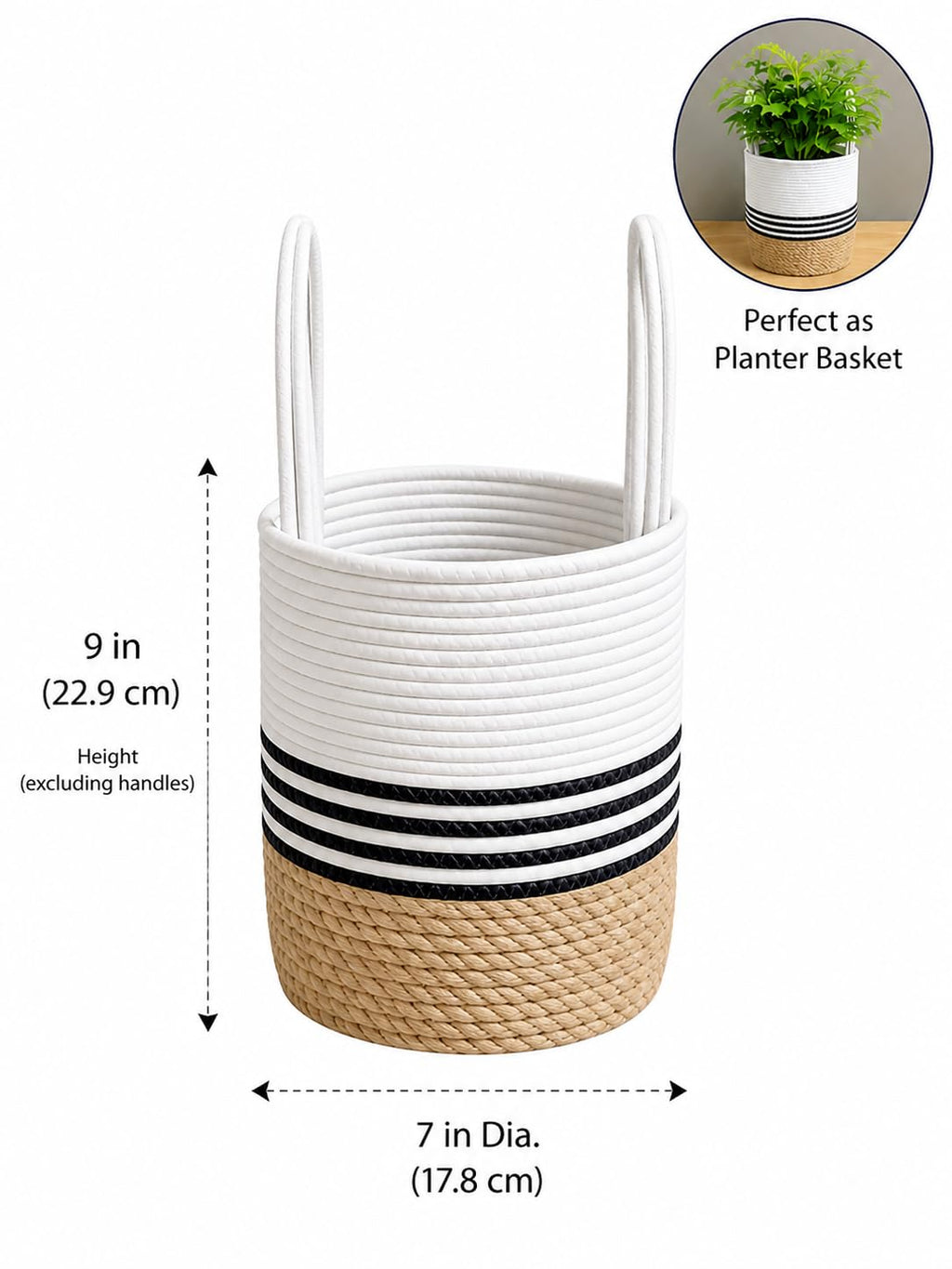 BOHOHOME Round Cotton Rope Storage Basket with Handles | Jute Base Decorative Organizer Basket for Gift Hampers, Nursery, Laundry, Shelf & Toys | 7 x 9 Inch