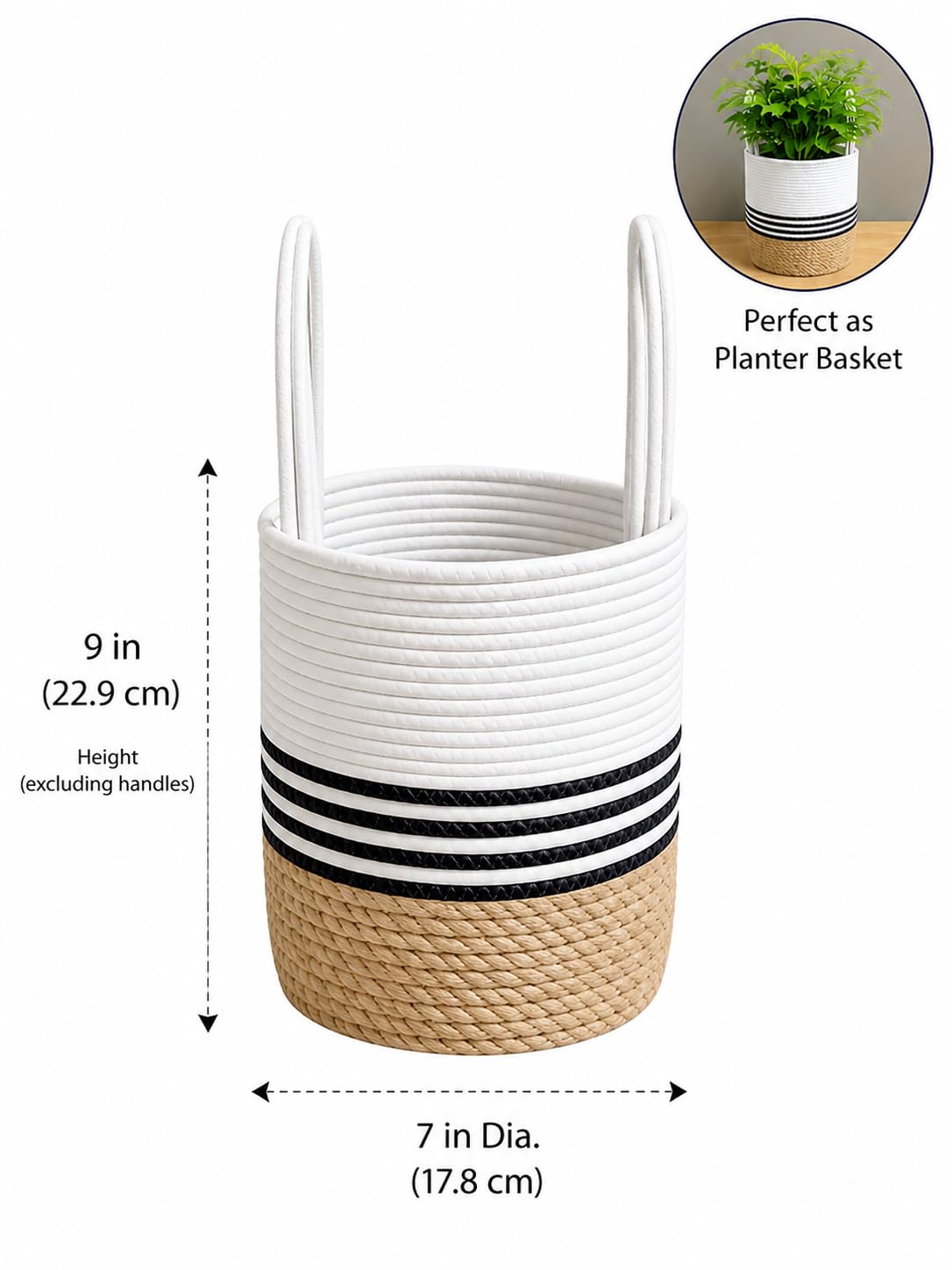 BOHOHOME Round Cotton Rope Storage Basket with Handles | Jute Base Decorative Organizer Basket for Gift Hampers, Nursery, Laundry, Shelf & Toys | 7 x 9 Inch