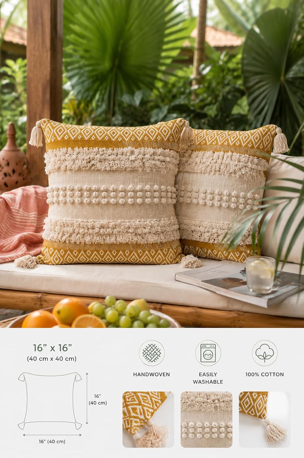 BohoHome 100% Cotton Handwoven Cushion Cover | Decorative Throw Pillow Cover | Boho Sofa Cushion Cover for Living Room & Bedroom | Hidden Zipper | 16x16 Inch | Mustard Textured