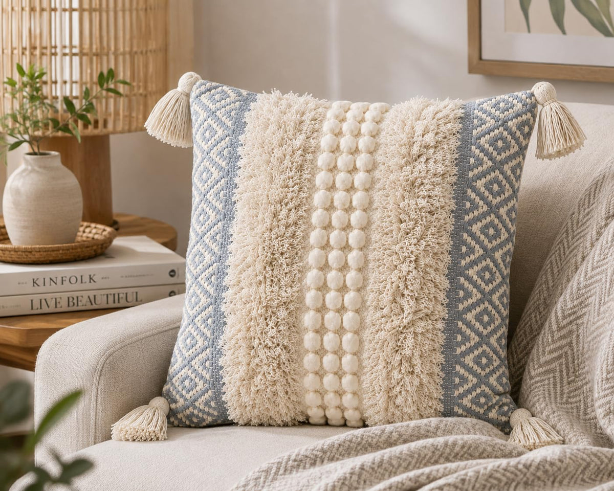 BohoHome 100% Cotton Handwoven Cushion Cover | Decorative Throw Pillow Cover | Boho Sofa Cushion Cover for Living Room & Bedroom | Hidden Zipper | 16x16 Inch | Grey (1 piece)