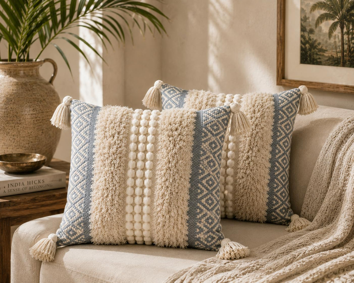 BohoHome 100% Cotton Handwoven Cushion Cover | Decorative Throw Pillow Cover | Boho Sofa Cushion Cover for Living Room & Bedroom | Hidden Zipper | 16x16 Inch | Grey (1 piece)