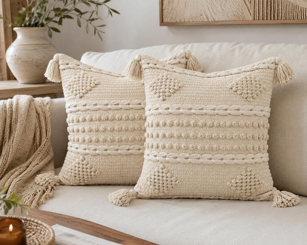 BohoHome 100% Cotton Handwoven Cushion Cover | Decorative Throw Pillow Cover | Boho Sofa Cushion Cover for Living Room & Bedroom | Hidden Zipper | 16x16 Inch | Ivory (1 piece)