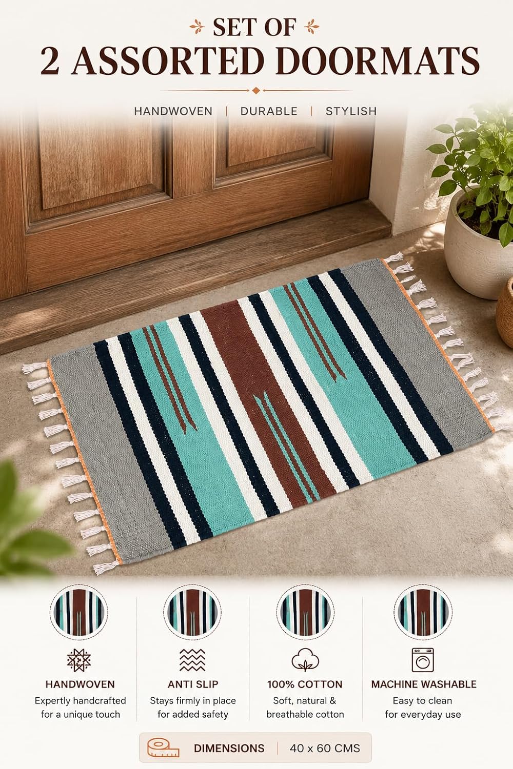 Bohohome - Anti Slip Rectangular Door Mat, Pure Cotton, 40X60 Cm, Water Absorbing, Machine Washable Floor Mats, Best Use in Bathroom, Kitchen, Bedroom Etc. Multicolor. Pack of 2