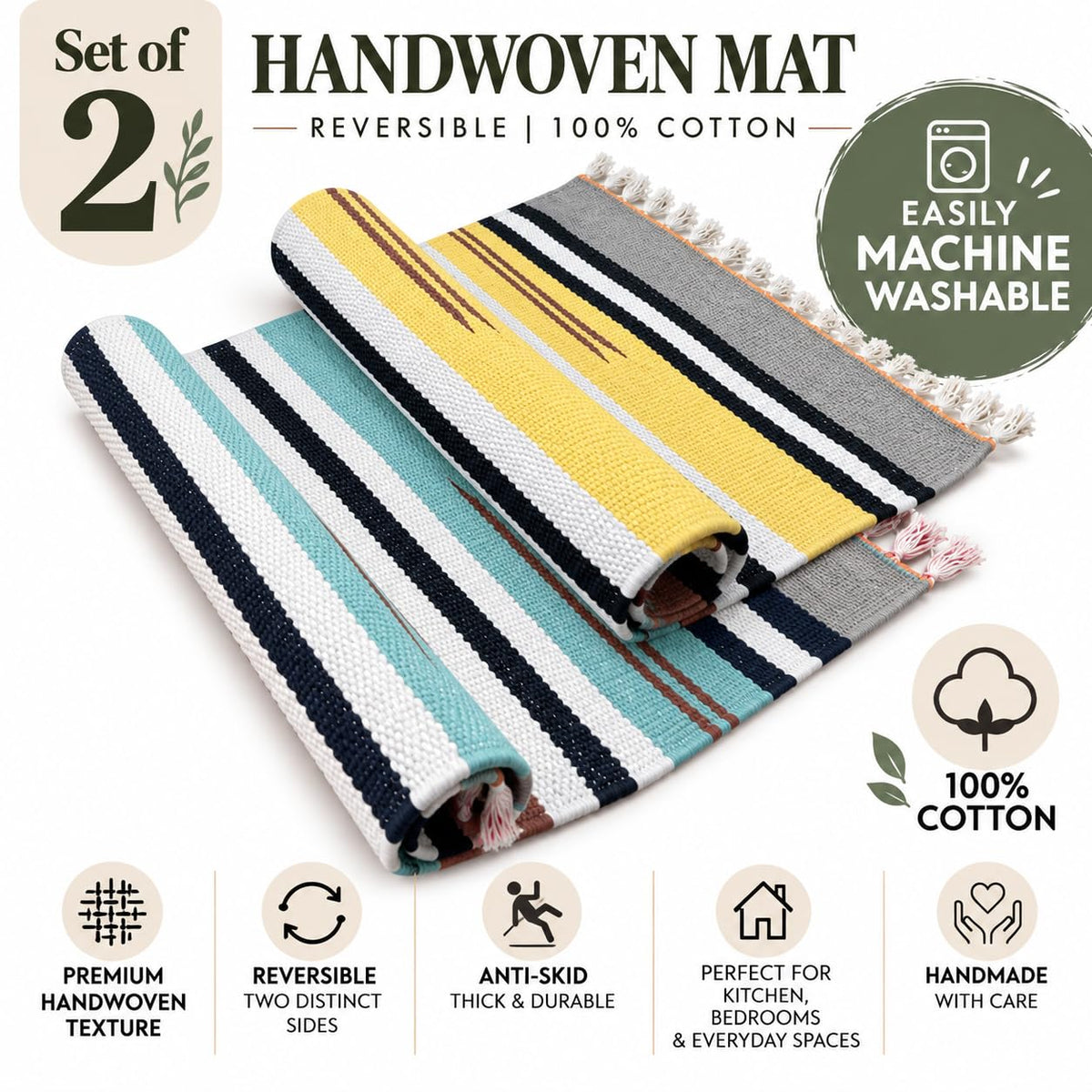 Bohohome - Anti Slip Rectangular Door Mat, Pure Cotton, 40X60 Cm, Water Absorbing, Machine Washable Floor Mats, Best Use in Bathroom, Kitchen, Bedroom Etc. Multicolor. Pack of 2