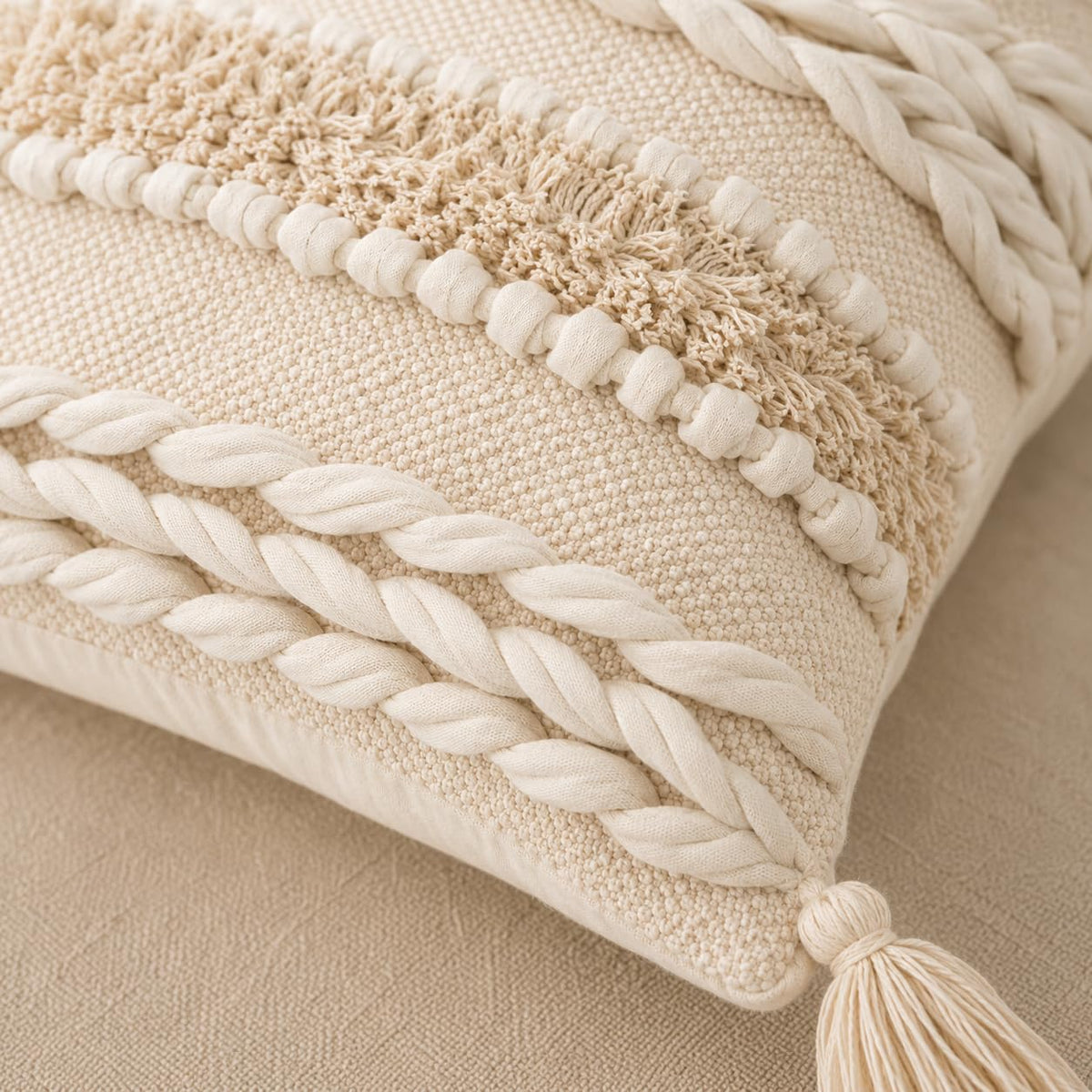 BohoHome 100% Cotton Handwoven Cushion Cover | Decorative Throw Pillow Cover | Boho Sofa Cushion Cover for Living Room & Bedroom | Hidden Zipper | 16x16 Inch | Ivory Knots