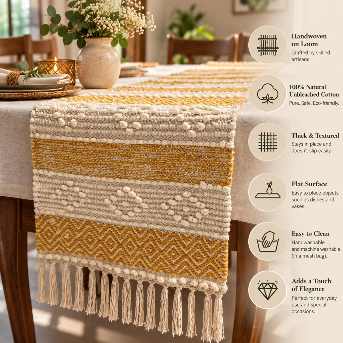 Bohohome Premium Handwoven Cotton Table Runner for 4 to 6 Seater | 14*72 inch Textured Beige Knots (Mustard)