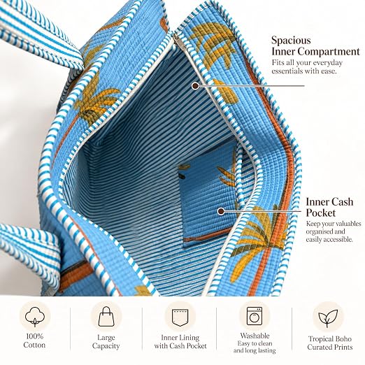 BohoHome Premium Quilted Cotton Tote Bag – Large Capacity Handmade Exotic Tropical Prints Foldable and Ideal for Travel Shopping Beach Trips or Daily Essentials