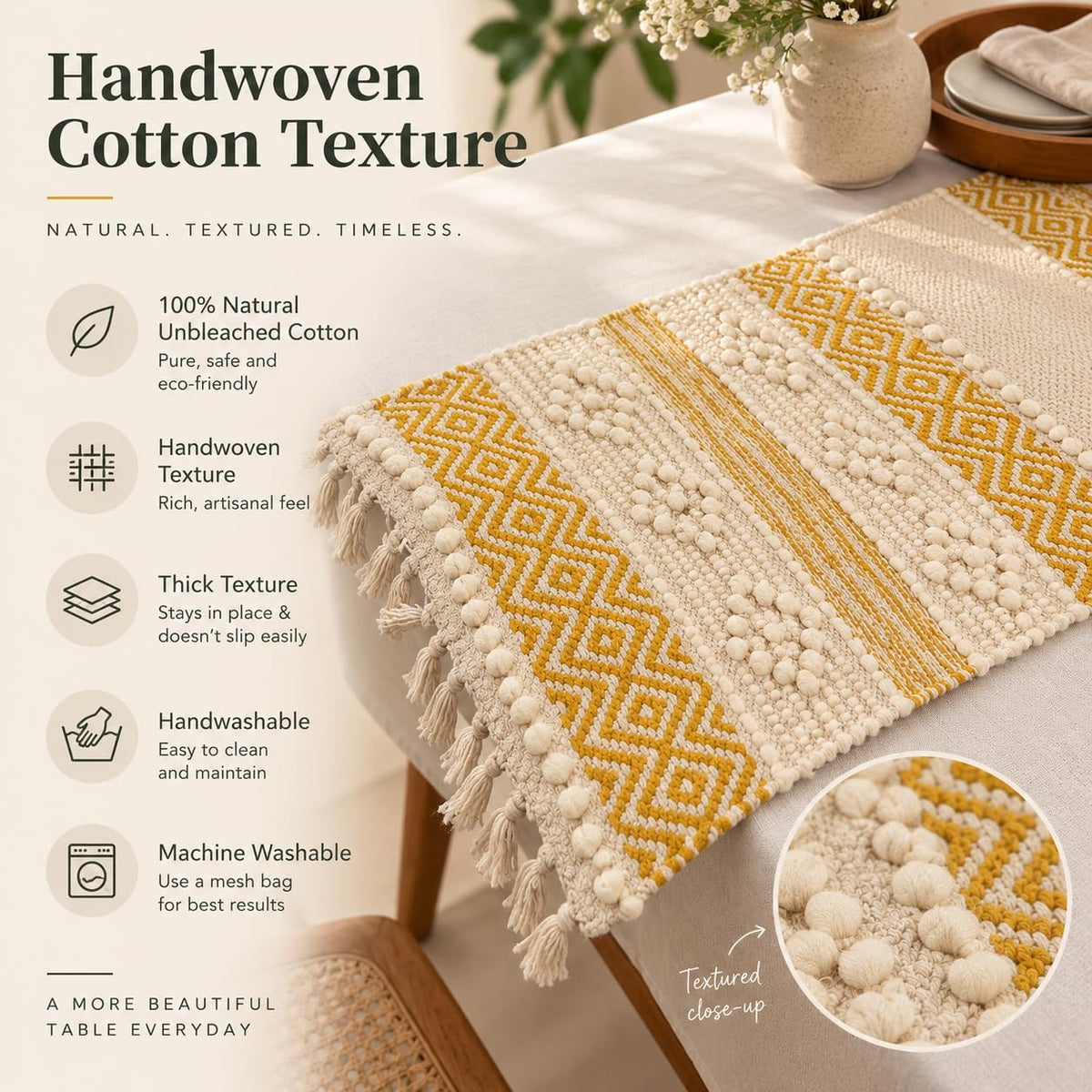 Bohohome Premium Handwoven Cotton Table Runner for 4 to 6 Seater | 14*72 inch Textured Beige Knots (Mustard)