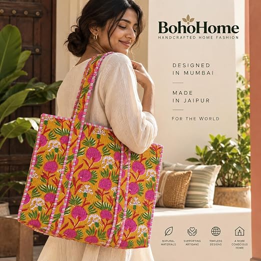 BohoHome Premium Quilted Cotton Tote Bag – Large Capacity Handmade Exotic Tropical Prints Foldable and Ideal for Travel Shopping Beach Trips or Daily Essentials