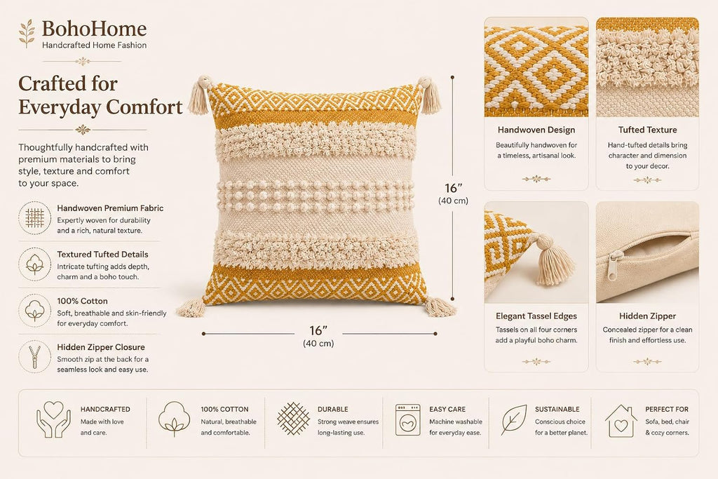 BohoHome 100% Cotton Handwoven Cushion Cover | Decorative Throw Pillow Cover | Boho Sofa Cushion Cover for Living Room & Bedroom | Hidden Zipper | 16x16 Inch | Mustard Textured
