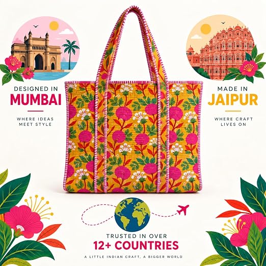 BohoHome Premium Quilted Cotton Tote Bag – Large Capacity Handmade Exotic Tropical Prints Foldable and Ideal for Travel Shopping Beach Trips or Daily Essentials