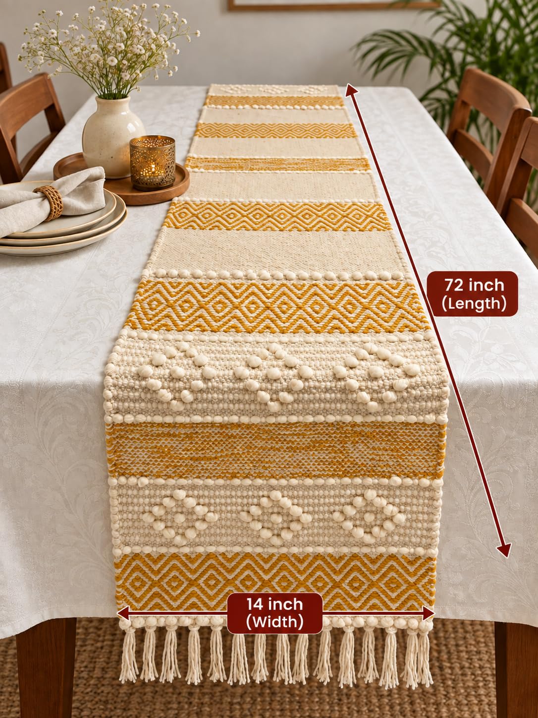 Bohohome Premium Handwoven Cotton Table Runner for 4 to 6 Seater | 14*72 inch Textured Beige Knots (Mustard)