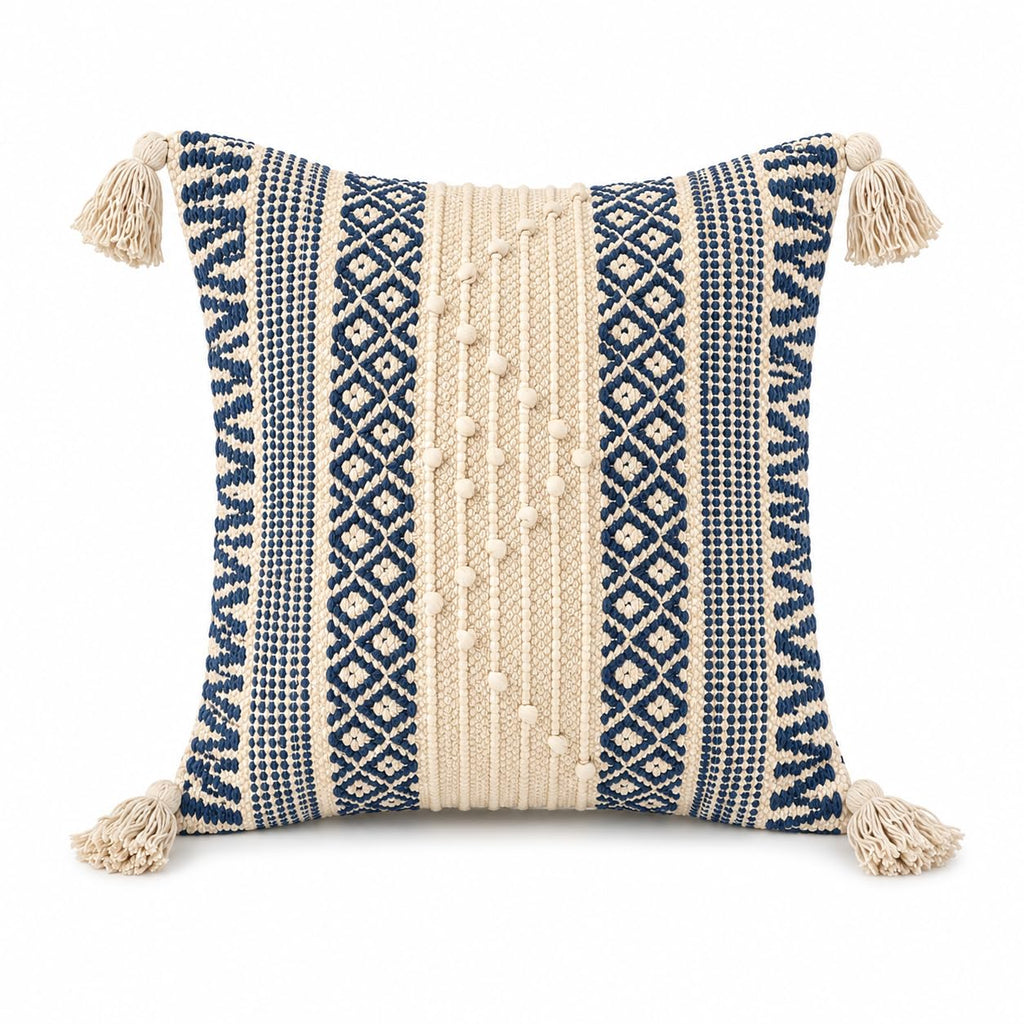 BohoHome 100% Cotton Handwoven Cushion Cover | Decorative Throw Pillow Cover | Boho Sofa Cushion Cover for Living Room & Bedroom | Hidden Zipper | 16x16 Inch | Blue (1 piece)