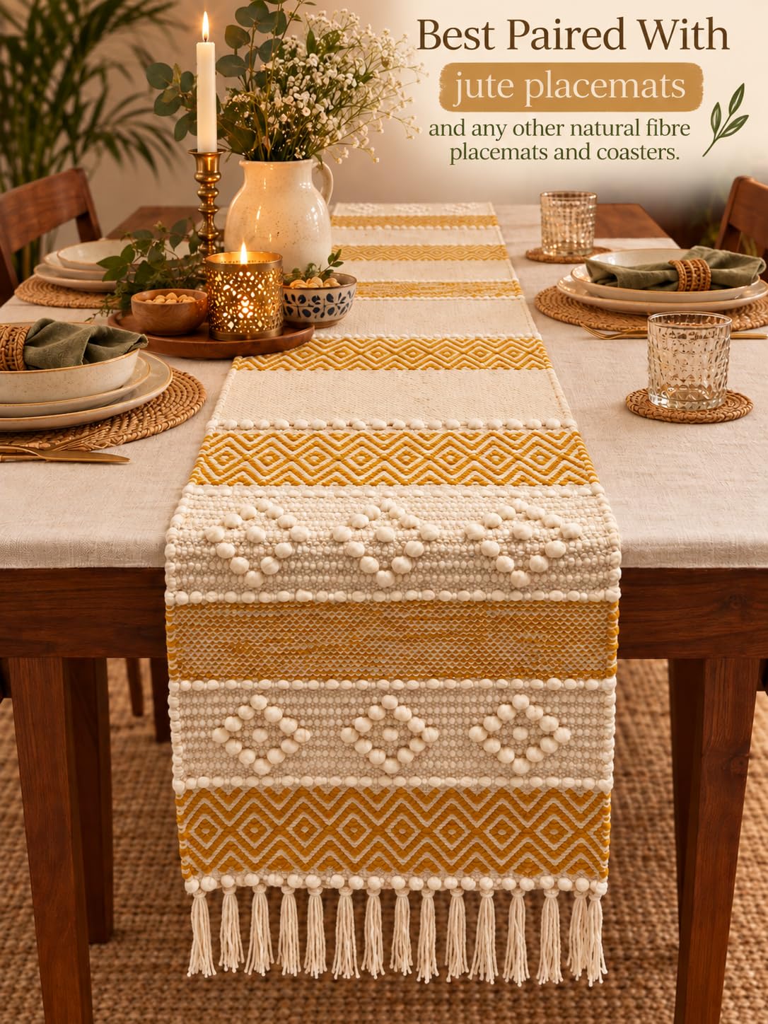 Bohohome Premium Handwoven Cotton Table Runner for 4 to 6 Seater | 14*72 inch Textured Beige Knots (Mustard)