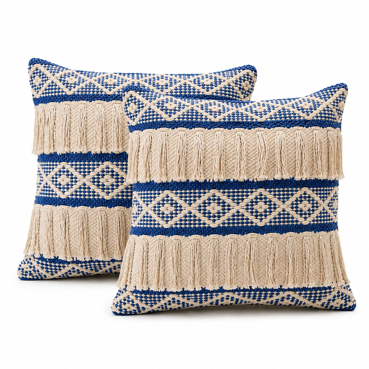 BohoHome 100% Cotton Handwoven Cushion Cover | Decorative Throw Pillow Cover | Boho Sofa Cushion Cover for Living Room & Bedroom | Hidden Zipper | 16x16 Inch | Blue Fringe