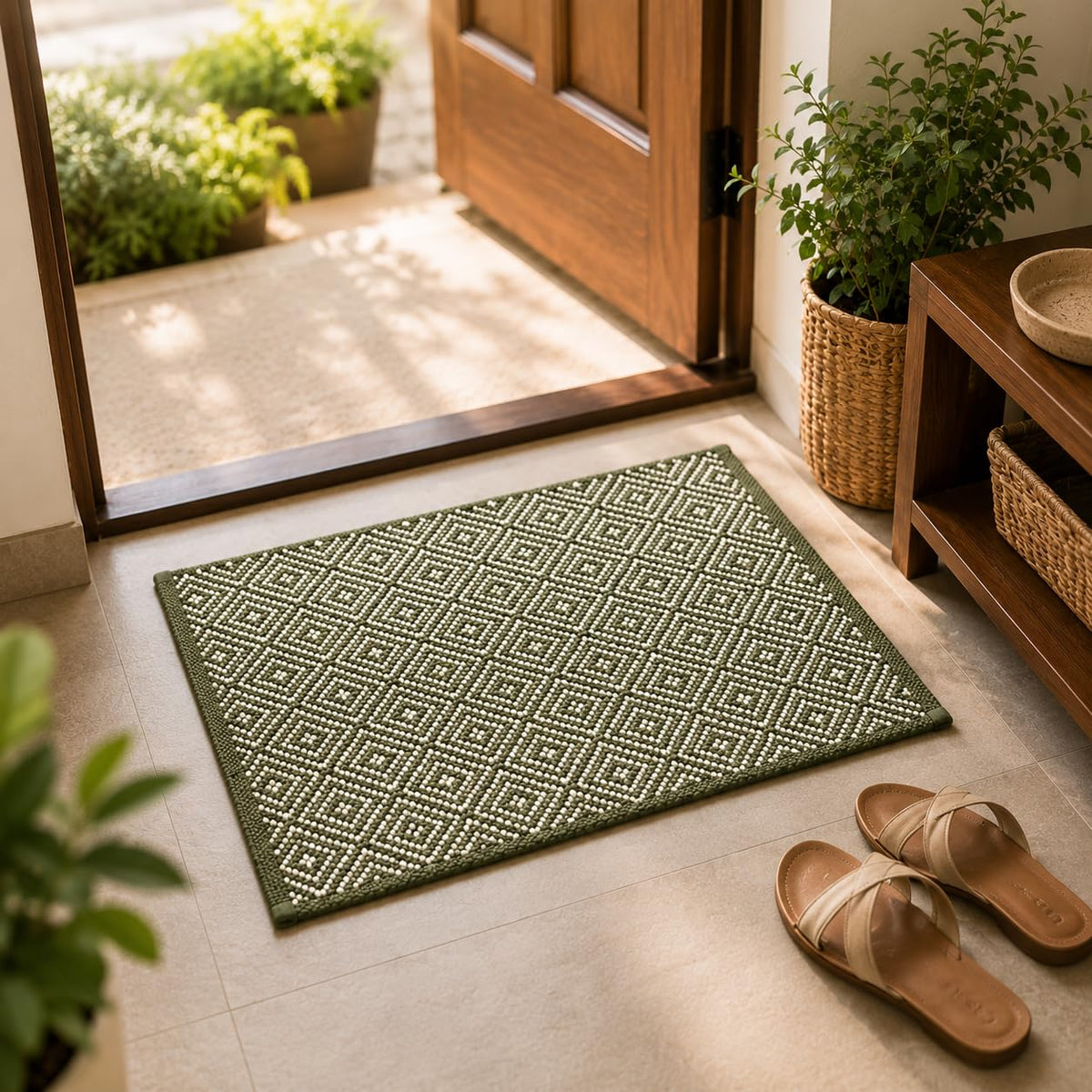 Boho Home Cotton Woven Rectangular Multipurpose Rug | Durable & Washable Multipurpose Rugs Set for Home/Kitchen/Living Area/Lobby, Pack of 2 (Green, 40X60 CM)