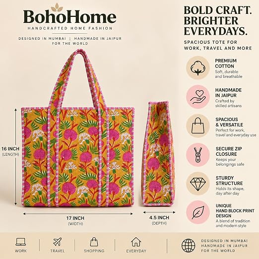 BohoHome Premium Quilted Cotton Tote Bag – Large Capacity Handmade Exotic Tropical Prints Foldable and Ideal for Travel Shopping Beach Trips or Daily Essentials