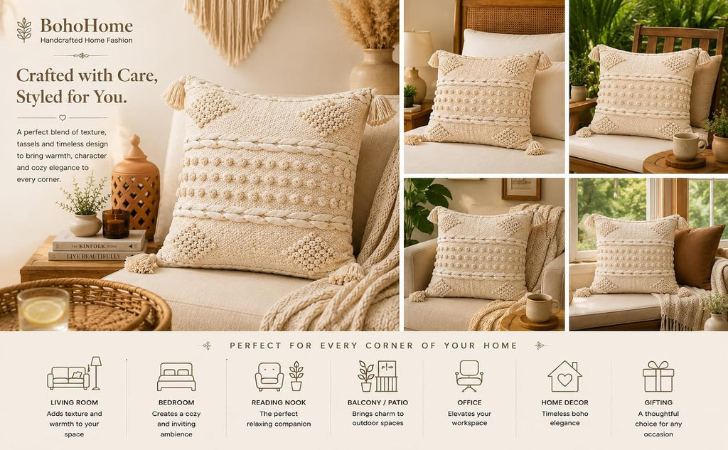 BohoHome 100% Cotton Handwoven Cushion Cover | Decorative Throw Pillow Cover | Boho Sofa Cushion Cover for Living Room & Bedroom | Hidden Zipper | 16x16 Inch | Ivory (1 piece)