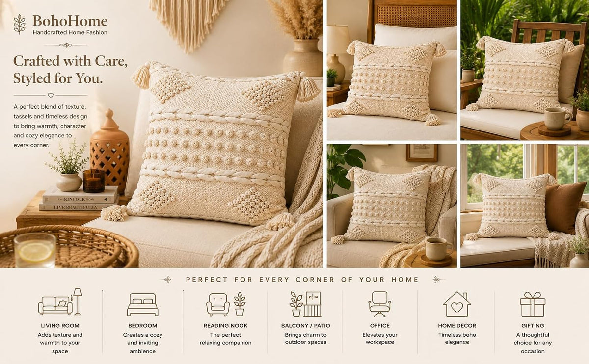 BohoHome 100% Cotton Handwoven Cushion Cover | Decorative Throw Pillow Cover | Boho Sofa Cushion Cover for Living Room & Bedroom | Hidden Zipper | 16x16 Inch | Ivory (1 piece)