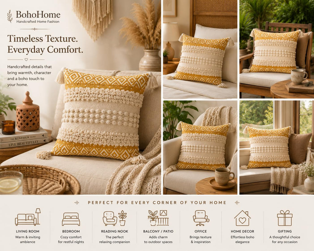 BohoHome 100% Cotton Handwoven Cushion Cover | Decorative Throw Pillow Cover | Boho Sofa Cushion Cover for Living Room & Bedroom | Hidden Zipper | 16x16 Inch | Mustard Textured