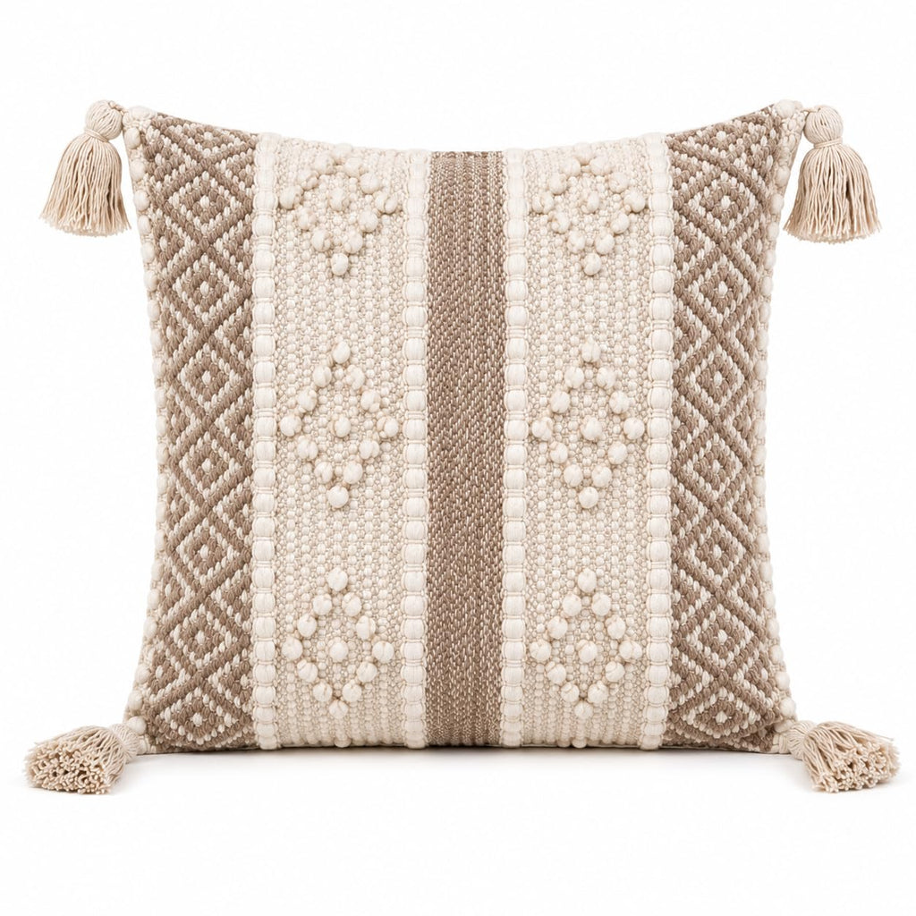 BohoHome 100% Cotton Handwoven Cushion Cover | Decorative Throw Pillow Cover | Boho Sofa Cushion Cover for Living Room & Bedroom | Hidden Zipper | 16x16 Inch | Beige Knots
