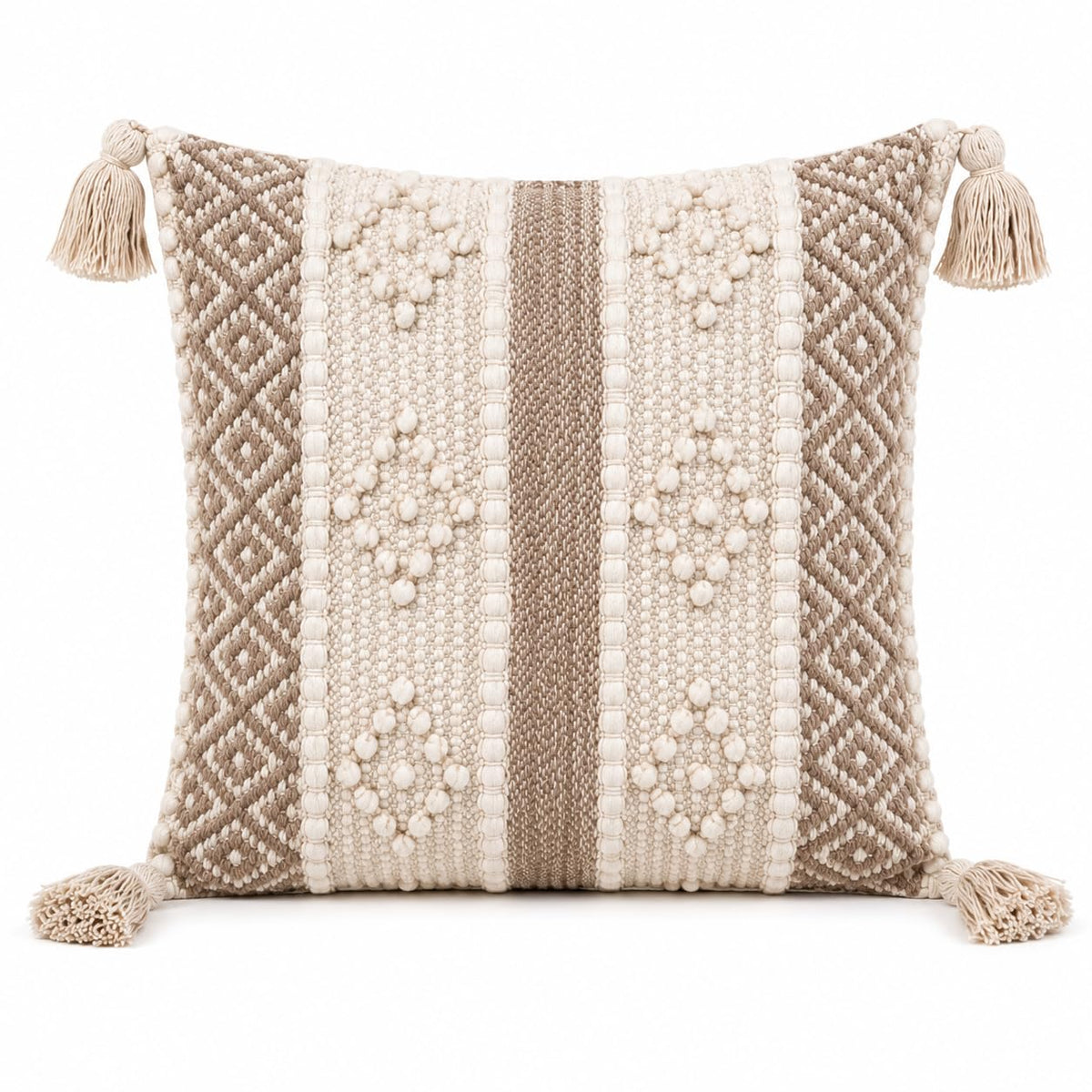 BohoHome 100% Cotton Handwoven Cushion Cover | Decorative Throw Pillow Cover | Boho Sofa Cushion Cover for Living Room & Bedroom | Hidden Zipper | 16x16 Inch | Beige Knots