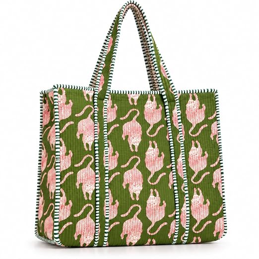 BohoHome Premium Quilted Cotton Tote Bag – Large Capacity Handmade Exotic Tropical Prints Foldable and Ideal for Travel Shopping Beach Trips or Daily Essentials