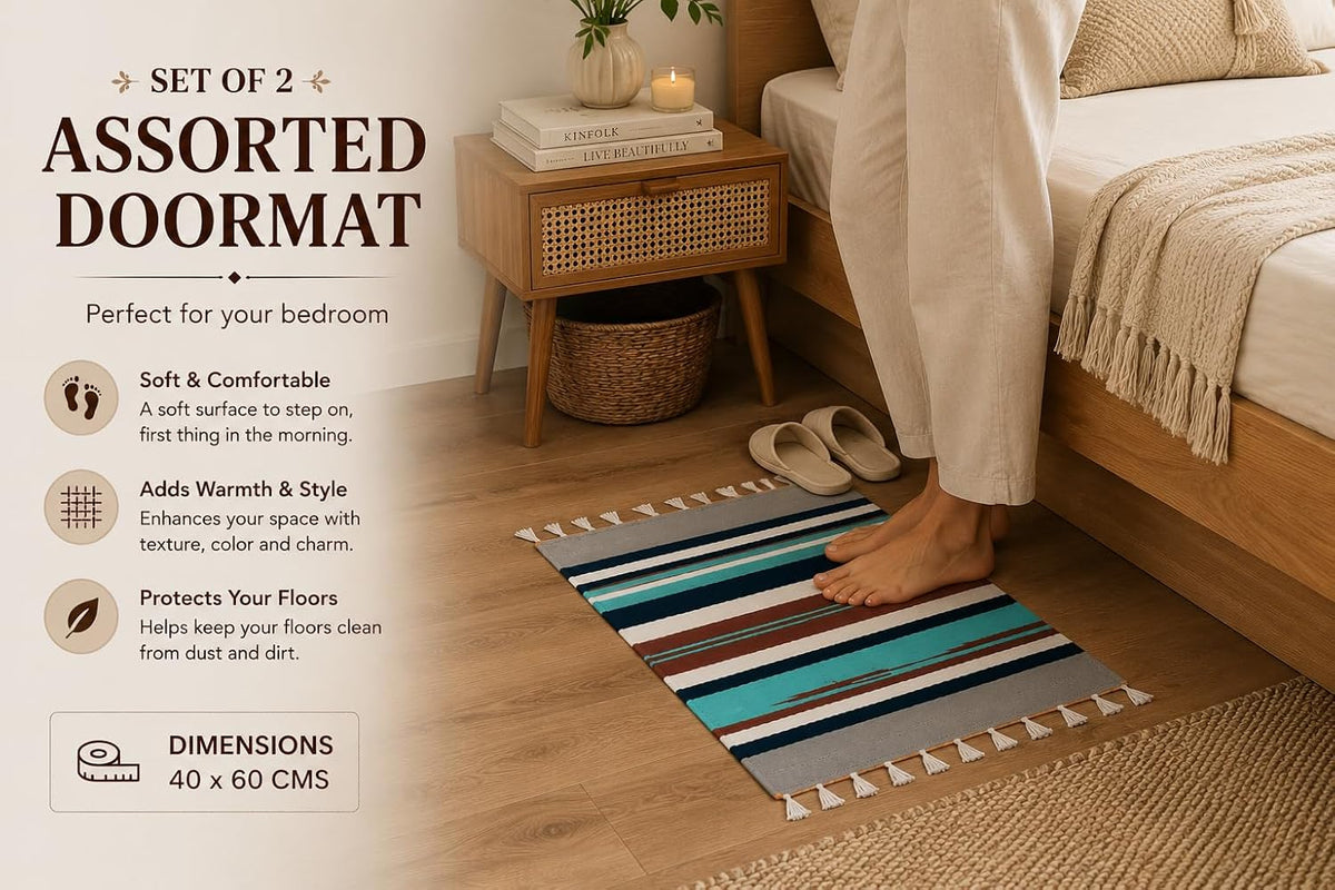 Bohohome - Anti Slip Rectangular Door Mat, Pure Cotton, 40X60 Cm, Water Absorbing, Machine Washable Floor Mats, Best Use in Bathroom, Kitchen, Bedroom Etc. Multicolor. Pack of 2