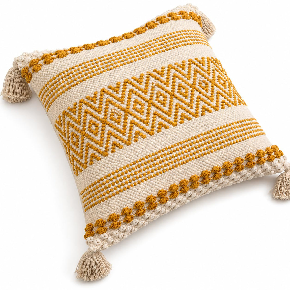 BohoHome 100% Cotton Handwoven Cushion Cover | Decorative Throw Pillow Cover | Boho Sofa Cushion Cover for Living Room & Bedroom | Hidden Zipper | 16x16 Inch | Mustard 1 piece