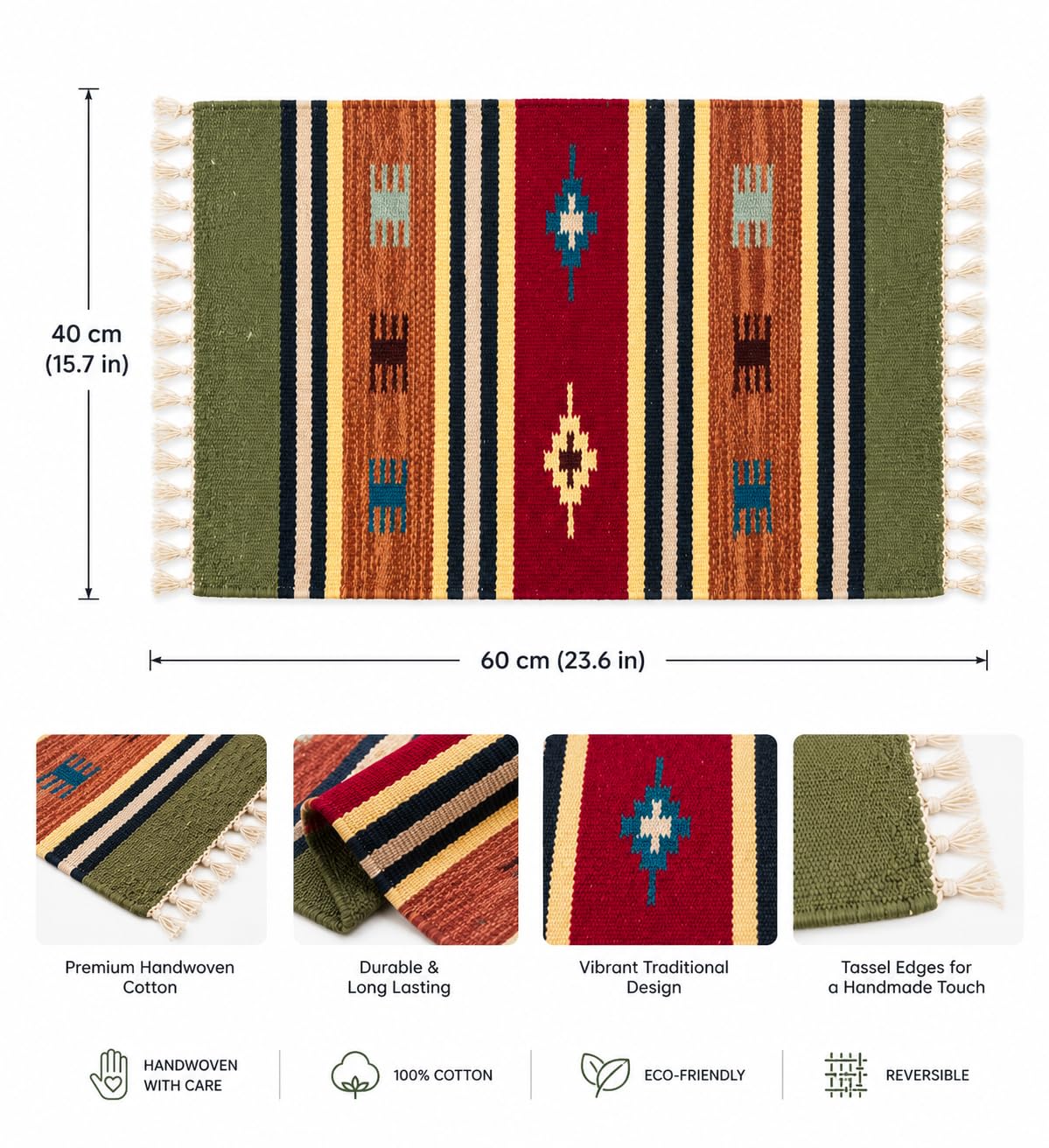 Boho Home Anti Slip Rectangular Pure Cotton Door Mat, 40X60 Cm, Water Absorbing, Machine Washable Floor Mats, Best Use in Bathroom, Kitchen, Bedroom Etc. Multicolor. Pack of 3