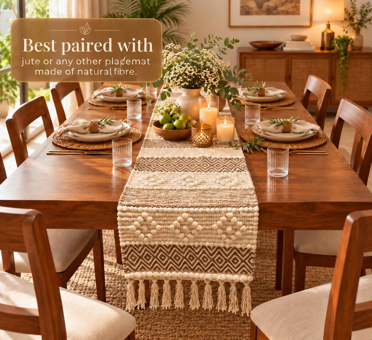 Bohohome Premium Handwoven Cotton Table Runner for 4 to 6 Seater | 14*72 inch Textured Beige Knots (Beige)