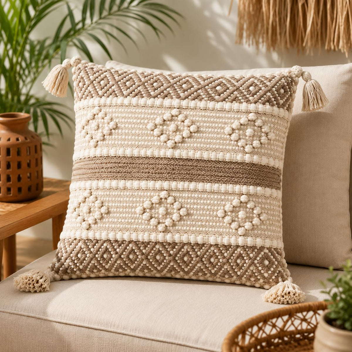BohoHome 100% Cotton Handwoven Cushion Cover | Decorative Throw Pillow Cover | Boho Sofa Cushion Cover for Living Room & Bedroom | Hidden Zipper | 16x16 Inch | Beige Knots