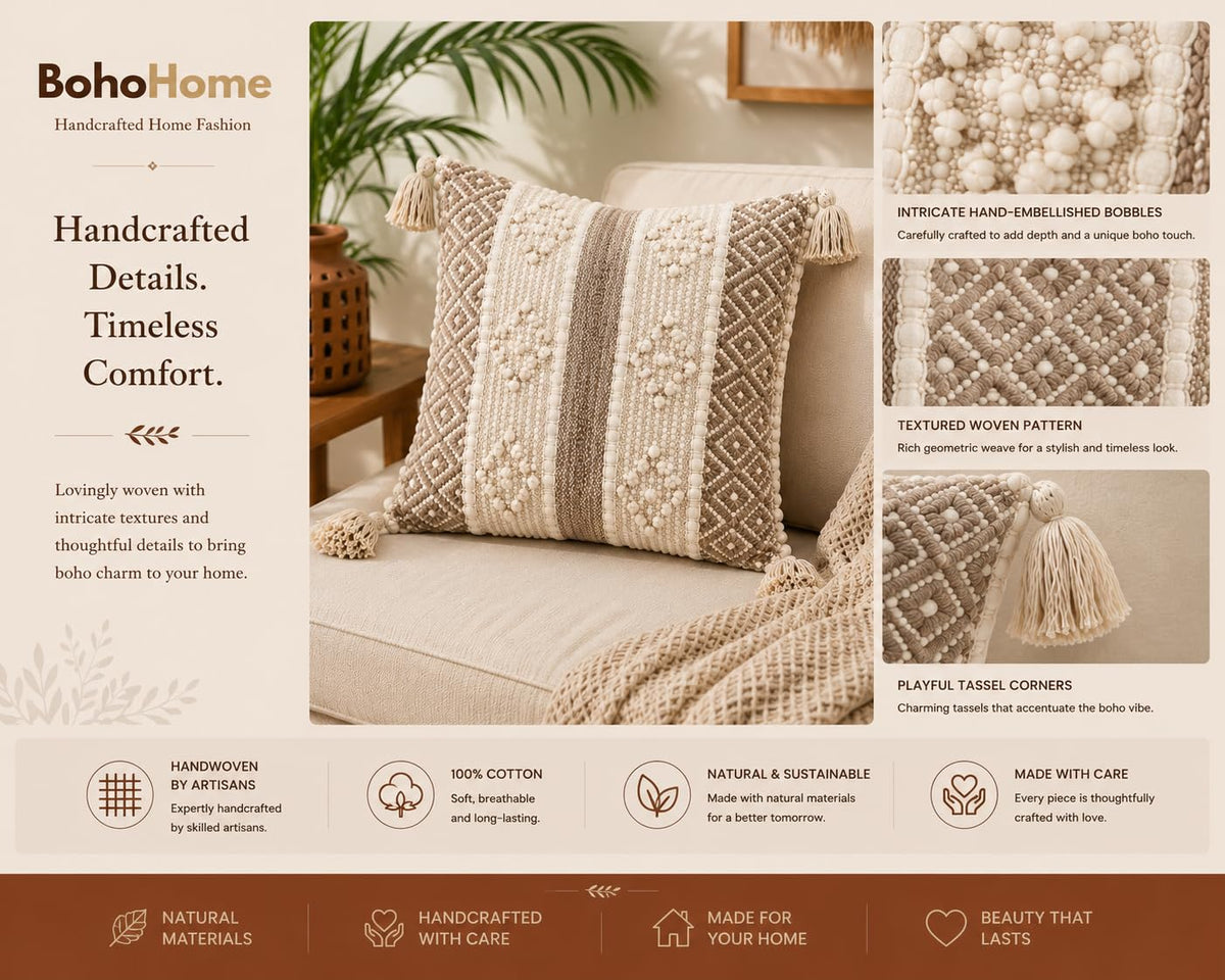 BohoHome 100% Cotton Handwoven Cushion Cover | Decorative Throw Pillow Cover | Boho Sofa Cushion Cover for Living Room & Bedroom | Hidden Zipper | 16x16 Inch | Beige Knots