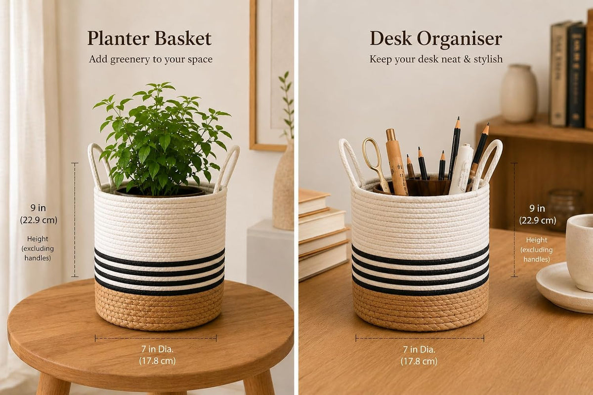 BOHOHOME Round Cotton Rope Storage Basket with Handles | Jute Base Decorative Organizer Basket for Gift Hampers, Nursery, Laundry, Shelf & Toys | 7 x 9 Inch
