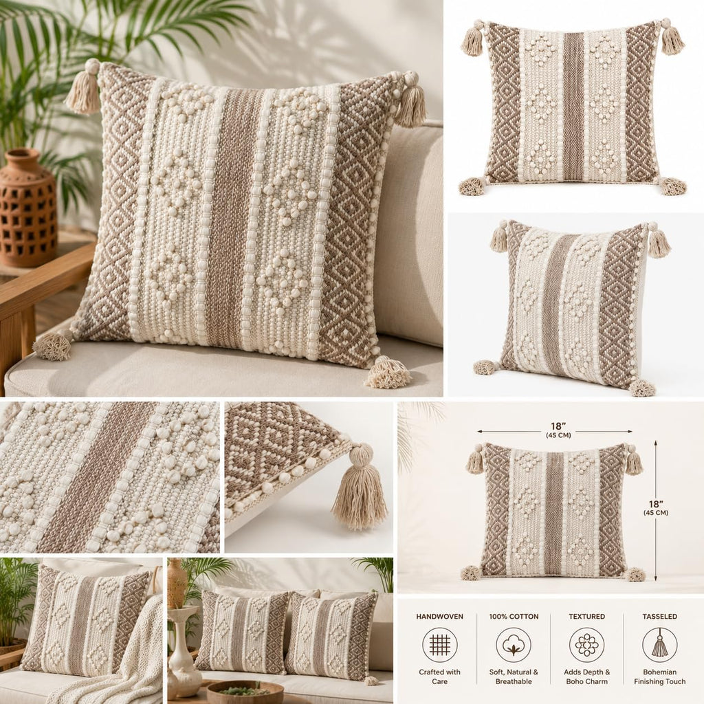 BohoHome 100% Cotton Handwoven Cushion Cover | Decorative Throw Pillow Cover | Boho Sofa Cushion Cover for Living Room & Bedroom | Hidden Zipper | 16x16 Inch | Beige Knots