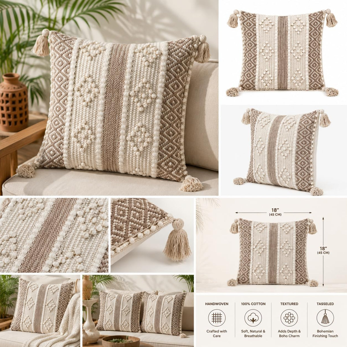 BohoHome 100% Cotton Handwoven Cushion Cover | Decorative Throw Pillow Cover | Boho Sofa Cushion Cover for Living Room & Bedroom | Hidden Zipper | 16x16 Inch | Beige Knots