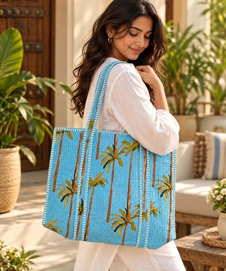 BohoHome Premium Quilted Cotton Tote Bag – Large Capacity Handmade Exotic Tropical Prints Foldable and Ideal for Travel Shopping Beach Trips or Daily Essentials