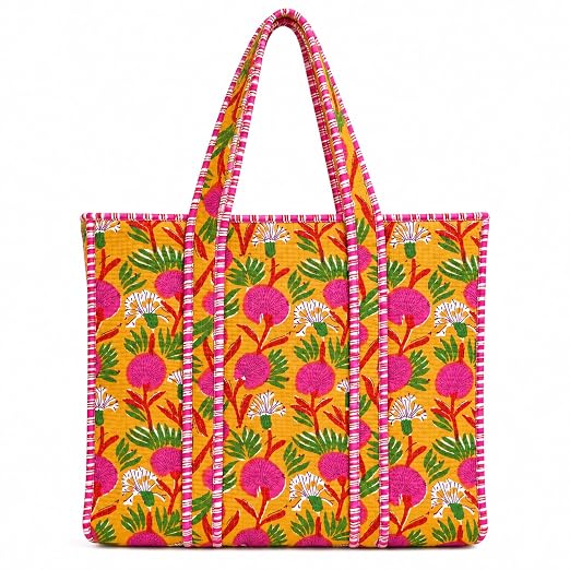 BohoHome Premium Quilted Cotton Tote Bag – Large Capacity Handmade Exotic Tropical Prints Foldable and Ideal for Travel Shopping Beach Trips or Daily Essentials