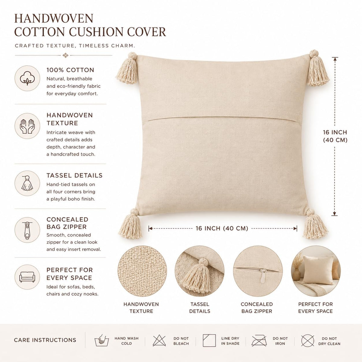 BohoHome 100% Cotton Handwoven Cushion Cover | Decorative Throw Pillow Cover | Boho Sofa Cushion Cover for Living Room & Bedroom | Hidden Zipper | 16x16 Inch | Blue (1 piece)
