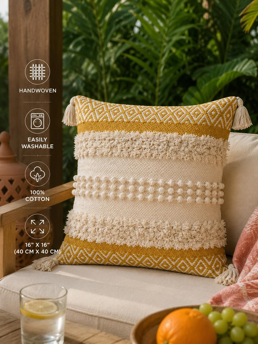 BohoHome 100% Cotton Handwoven Cushion Cover | Decorative Throw Pillow Cover | Boho Sofa Cushion Cover for Living Room & Bedroom | Hidden Zipper | 16x16 Inch | Mustard Textured