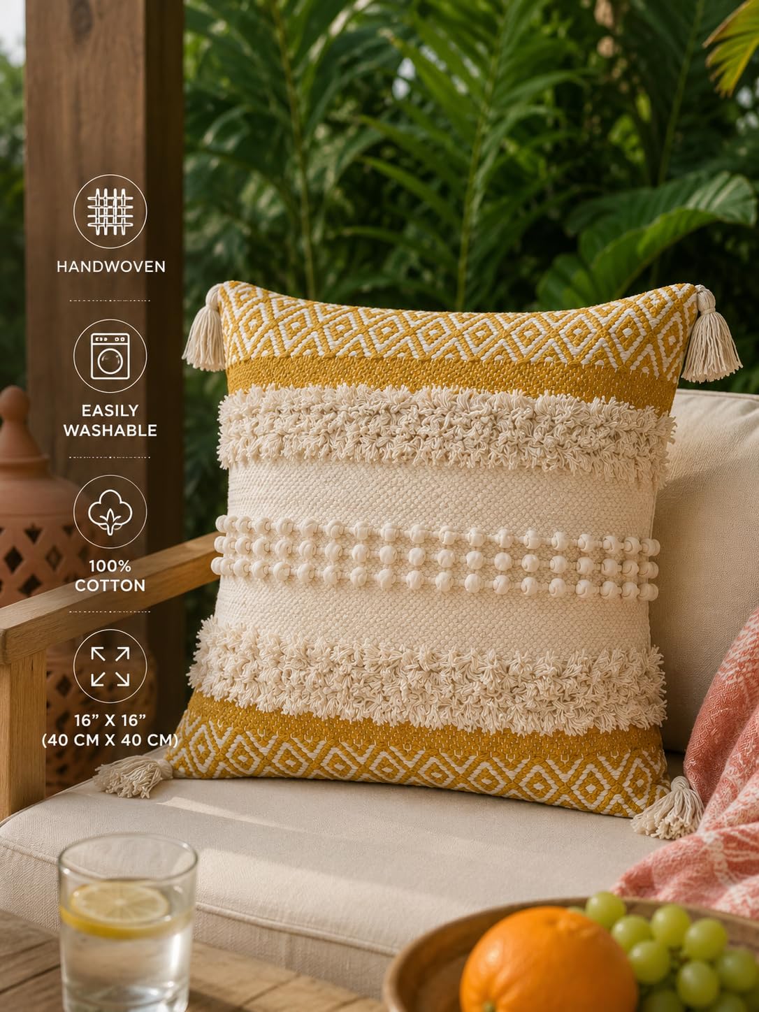 BohoHome 100% Cotton Handwoven Cushion Cover | Decorative Throw Pillow Cover | Boho Sofa Cushion Cover for Living Room & Bedroom | Hidden Zipper | 16x16 Inch | Mustard Textured