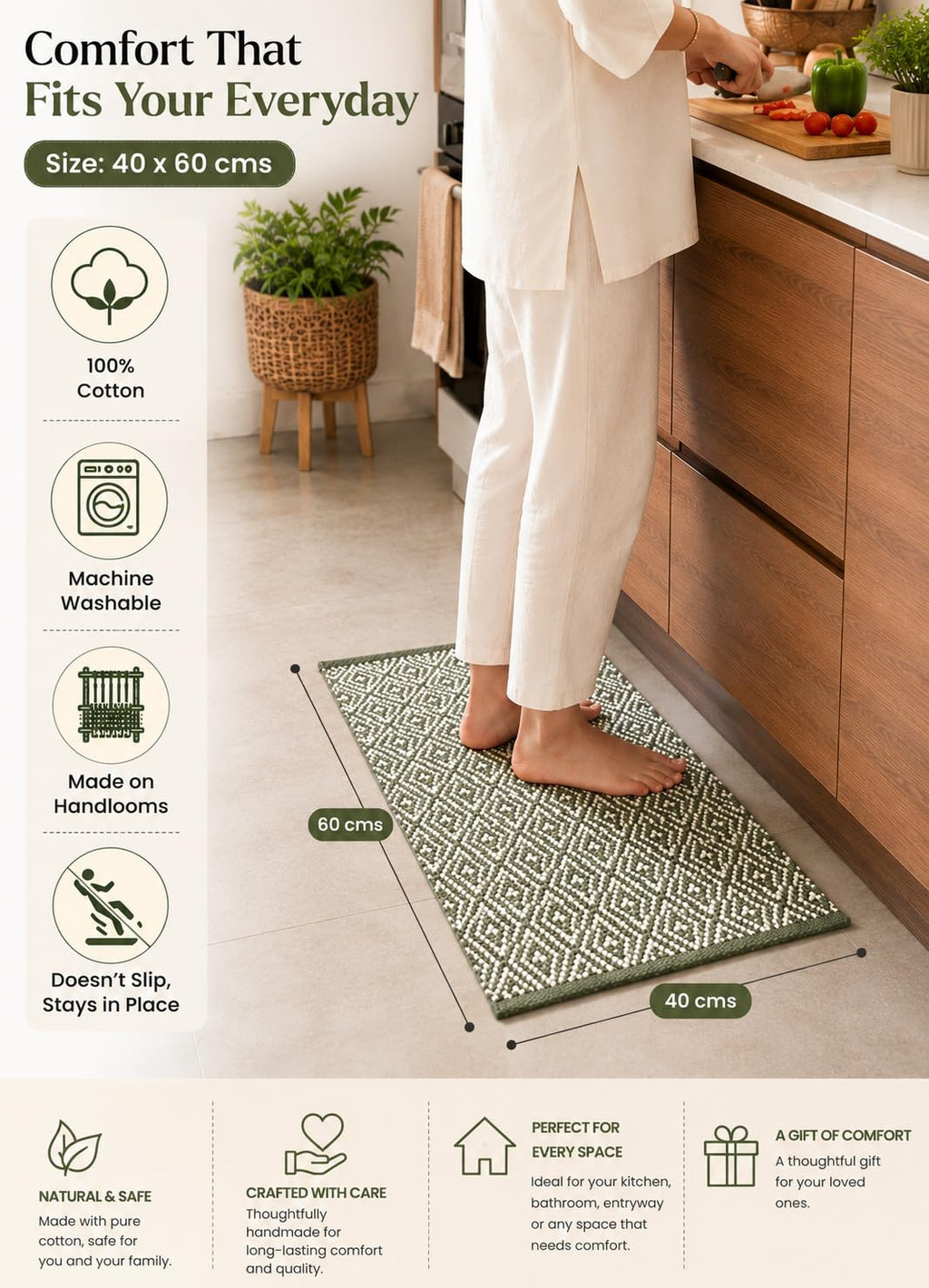 Boho Home Cotton Woven Rectangular Multipurpose Rug | Durable & Washable Multipurpose Rugs Set for Home/Kitchen/Living Area/Lobby, Pack of 2 (Green, 40X60 CM)