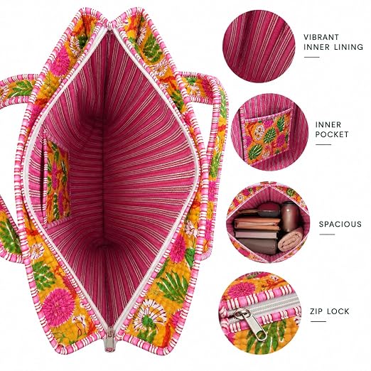 BohoHome Premium Quilted Cotton Tote Bag – Large Capacity Handmade Exotic Tropical Prints Foldable and Ideal for Travel Shopping Beach Trips or Daily Essentials