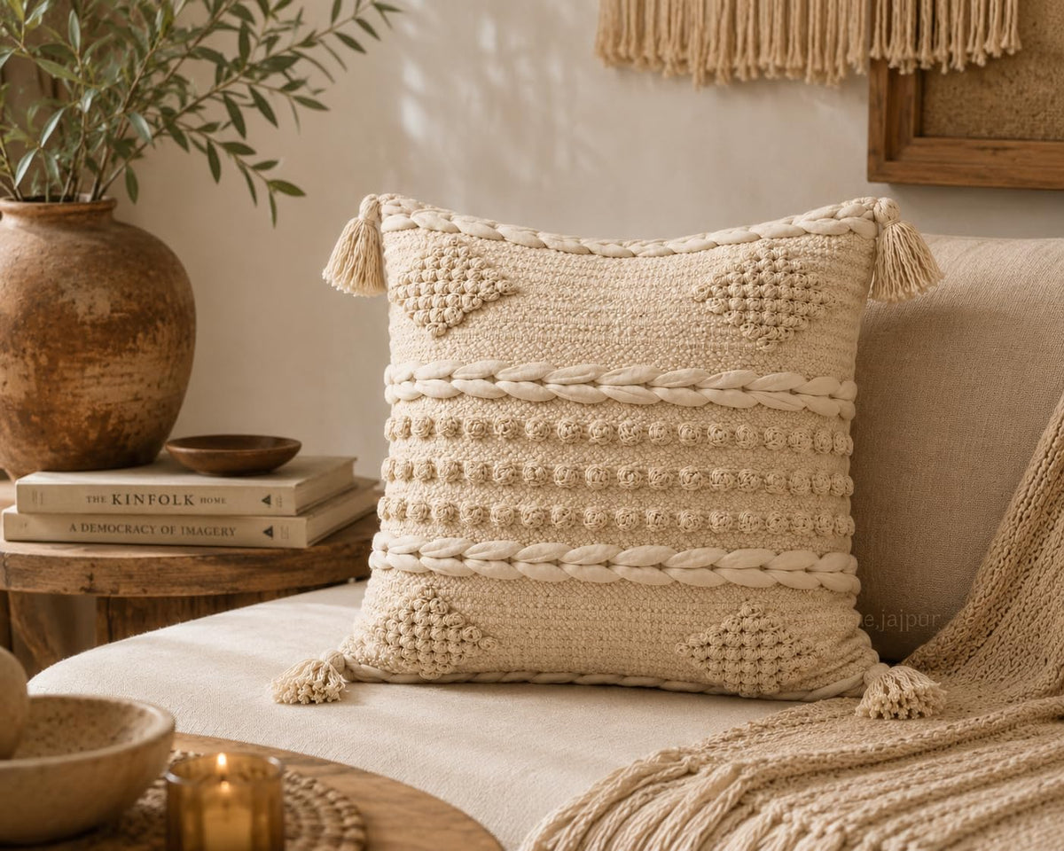 BohoHome 100% Cotton Handwoven Cushion Cover | Decorative Throw Pillow Cover | Boho Sofa Cushion Cover for Living Room & Bedroom | Hidden Zipper | 16x16 Inch | Ivory (1 piece)