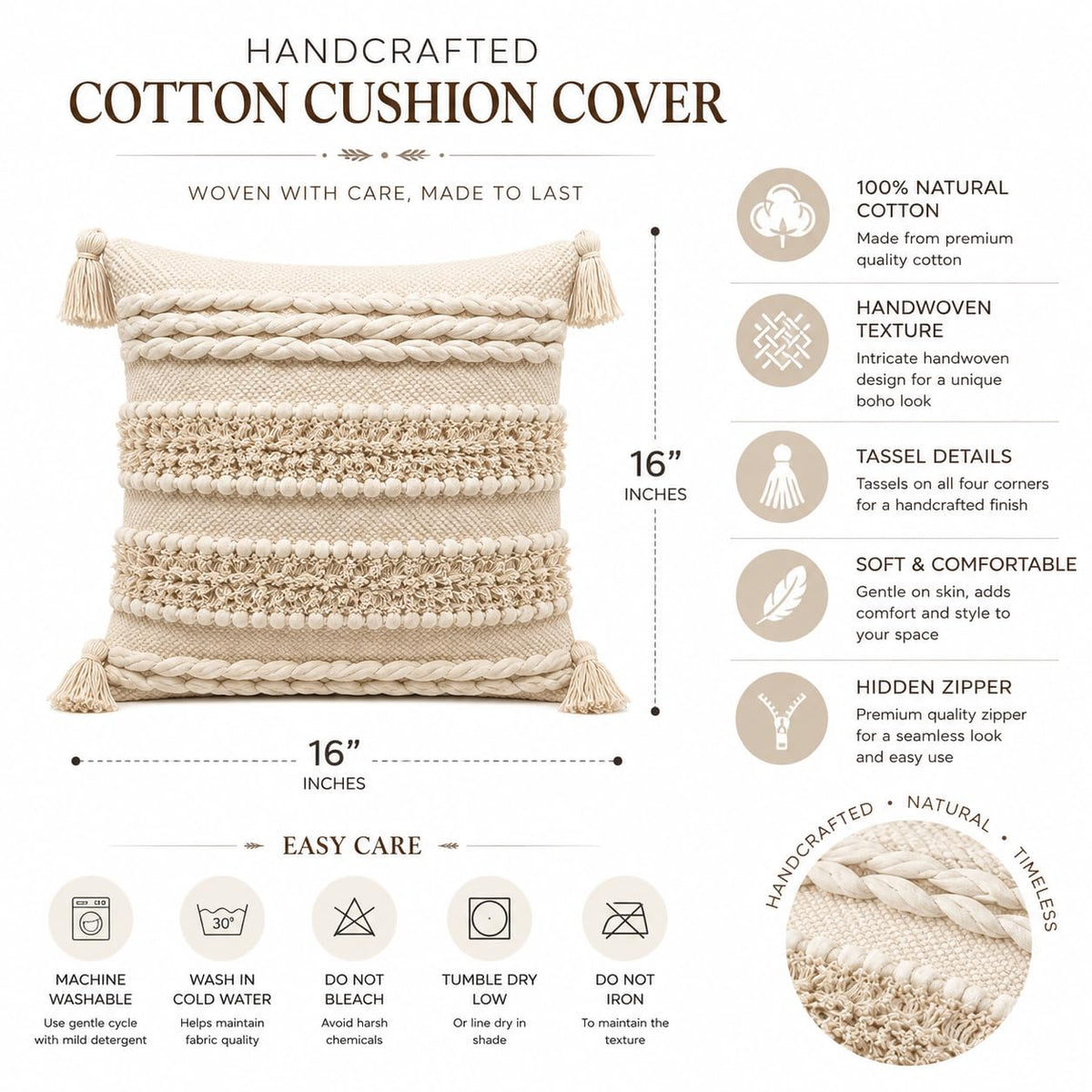 BohoHome 100% Cotton Handwoven Cushion Cover | Decorative Throw Pillow Cover | Boho Sofa Cushion Cover for Living Room & Bedroom | Hidden Zipper | 16x16 Inch | Ivory Knots