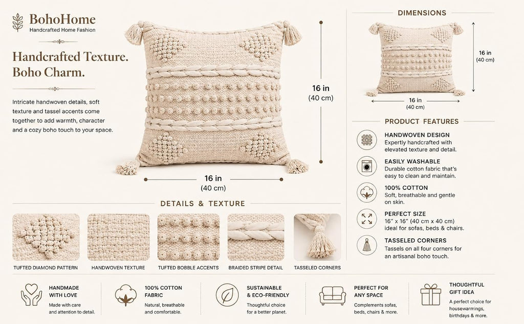 BohoHome 100% Cotton Handwoven Cushion Cover | Decorative Throw Pillow Cover | Boho Sofa Cushion Cover for Living Room & Bedroom | Hidden Zipper | 16x16 Inch | Ivory (1 piece)