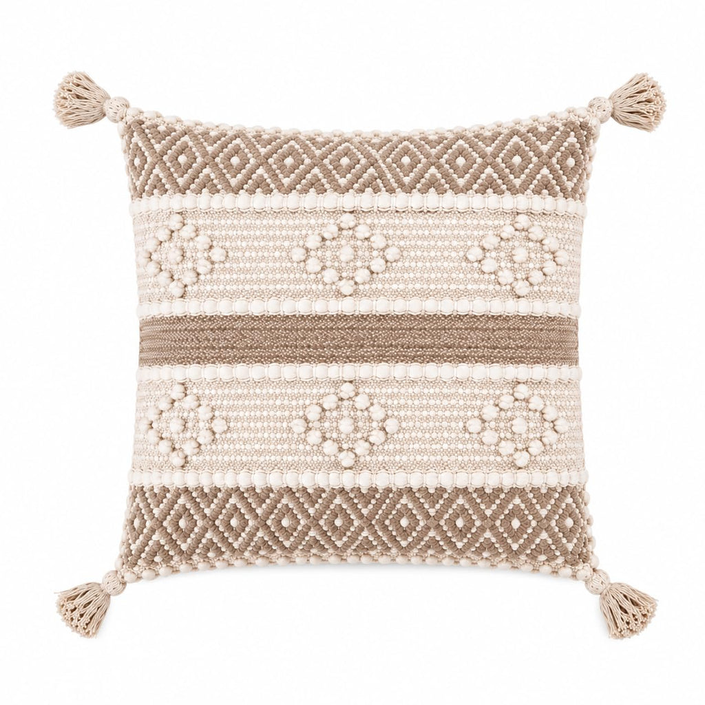 BohoHome 100% Cotton Handwoven Cushion Cover | Decorative Throw Pillow Cover | Boho Sofa Cushion Cover for Living Room & Bedroom | Hidden Zipper | 16x16 Inch | Beige Knots